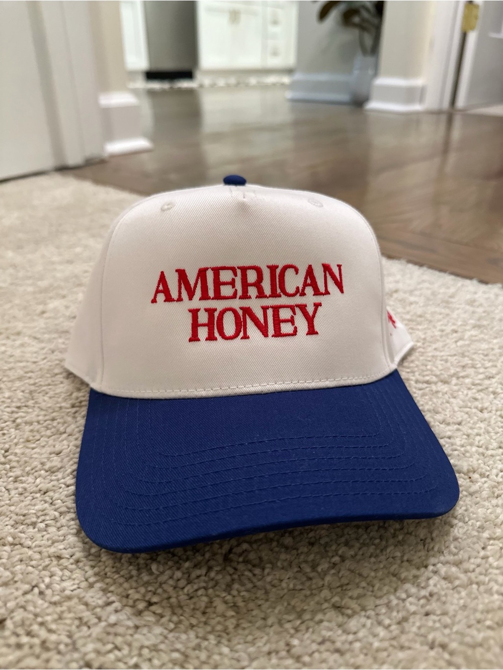 American honey White and Blue Trucker Hat with Red Embroidery